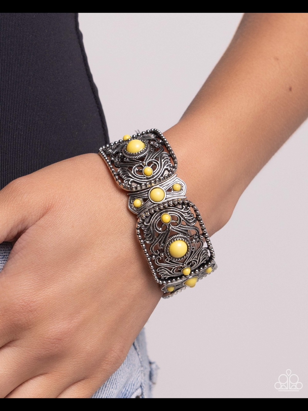 Yellow Stone Filigree Silver-Tone Bracelet